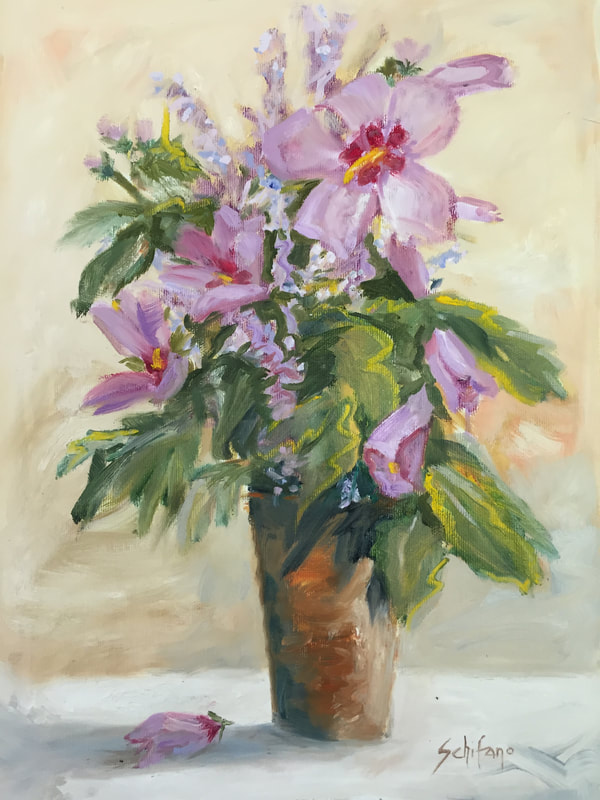 rose of Sharon, pink flowers, clay pot, tuscan flowers, schifano