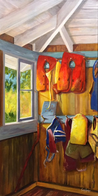 life jackets, boathouse painting, summer art, orange jacket