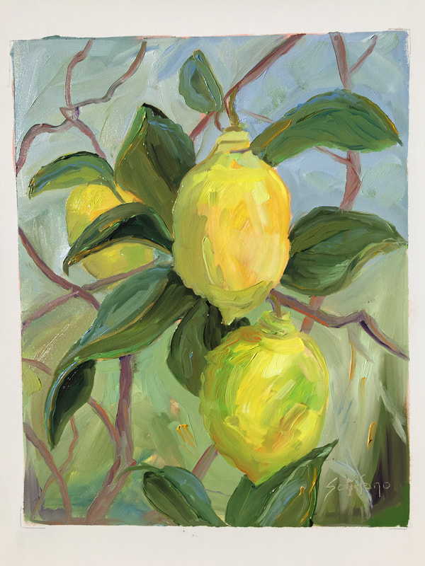 yellow lemons, yellow and green, fruit painting, schifano