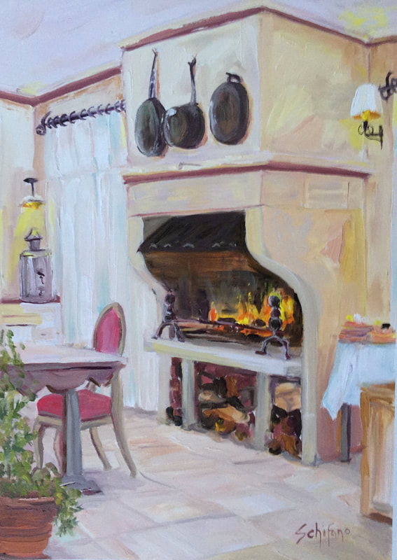 Fireplace, Borgo, old pots, roaring fire, kitchen painting