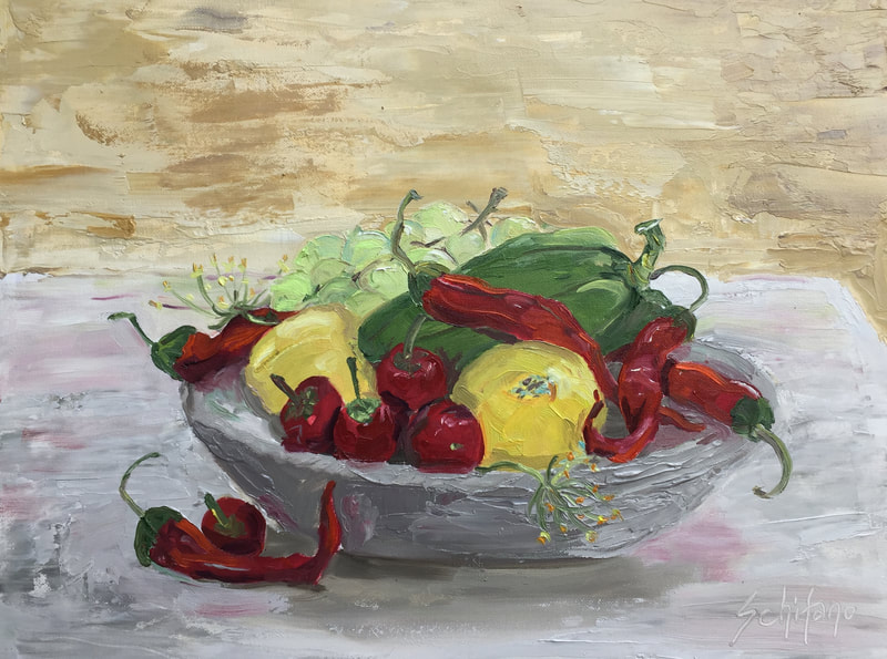 peppers, vegetable painting, still life, gray stone bowl