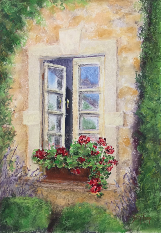 Tuscany window, stone wall, geraniums, Schifano